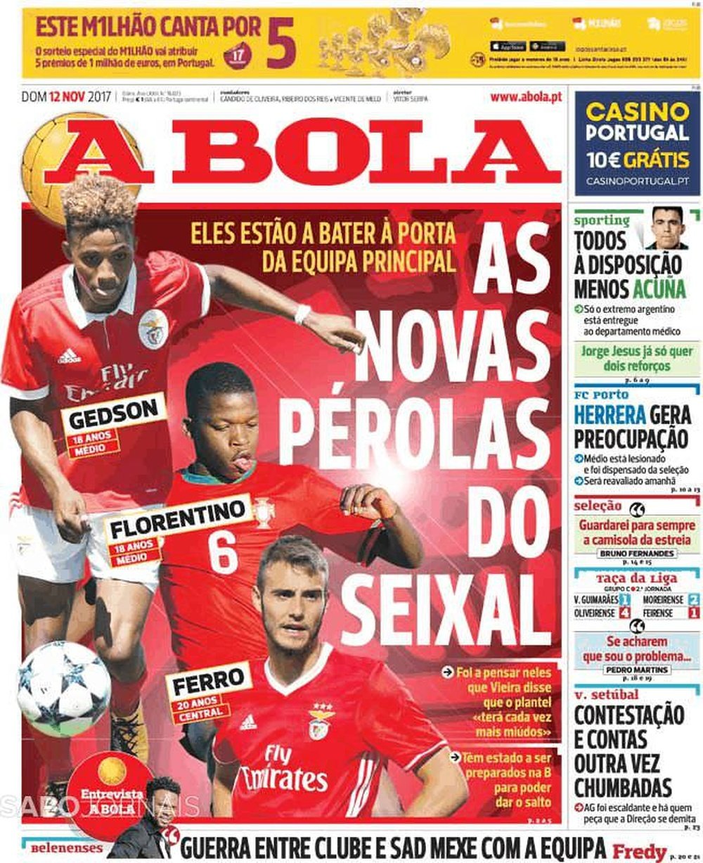 Capa do jornal 'A Bola', 12/11/2017. BeSoccer
