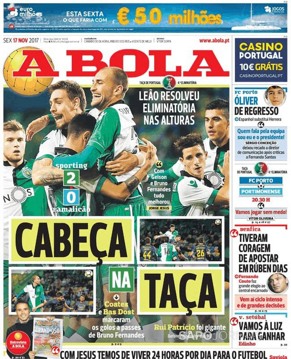 Capa do jornal 'A Bola', 17/11/2017. A Bola