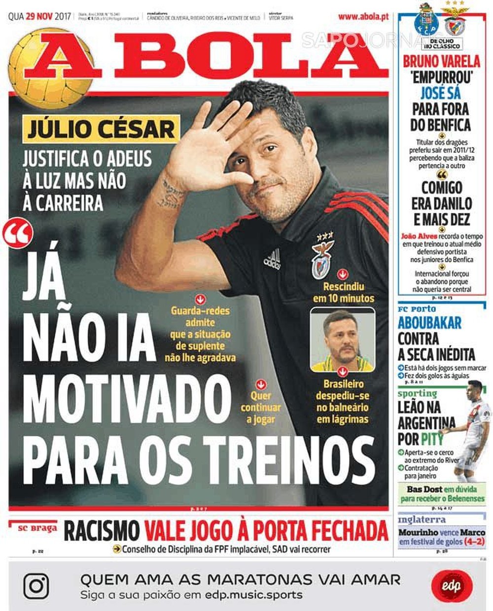 Capa do jornal A Bola, 29/11/2017. A Bola