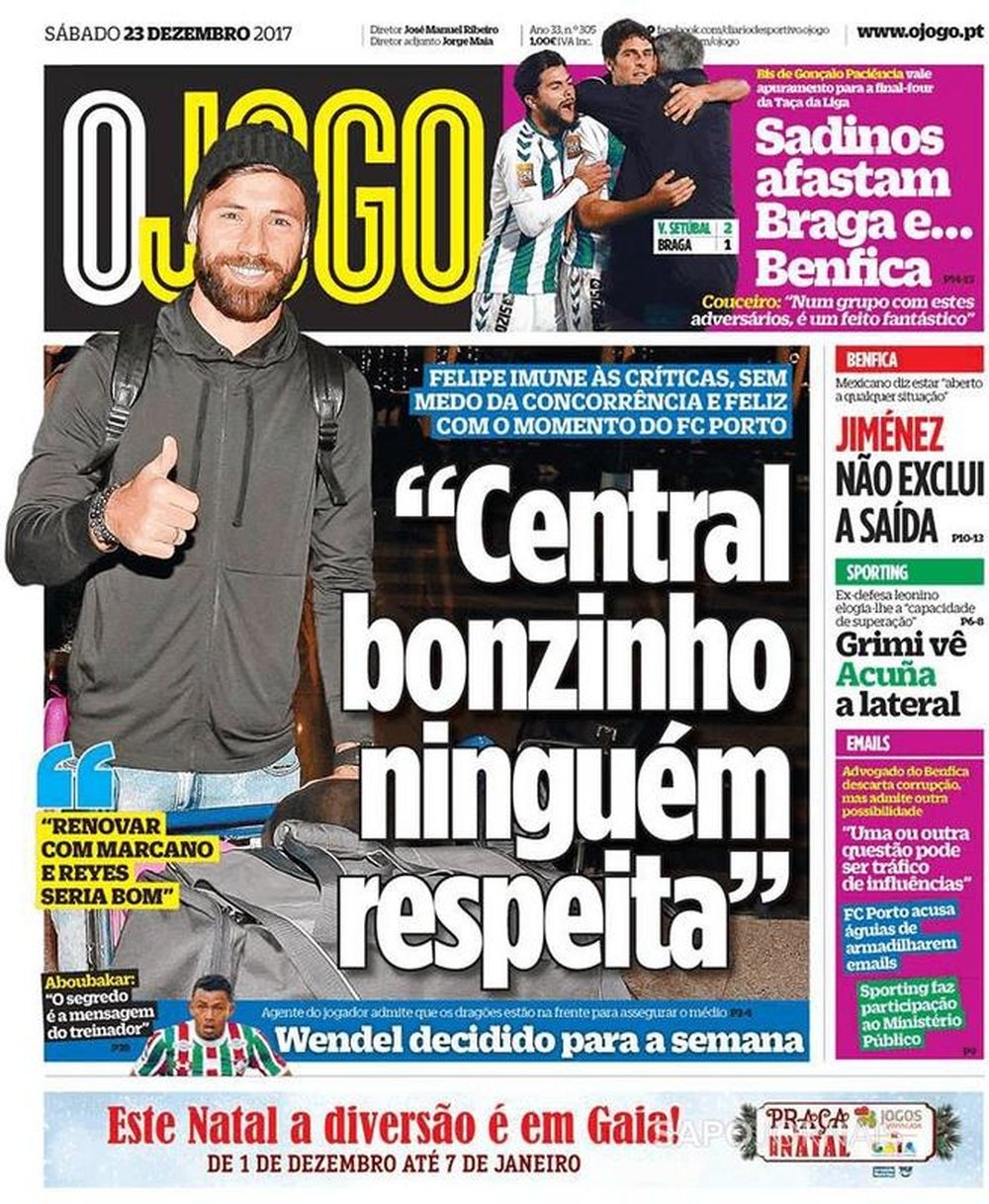 Capa do jornal 'O Jogo', 23/12/2017. O Jogo