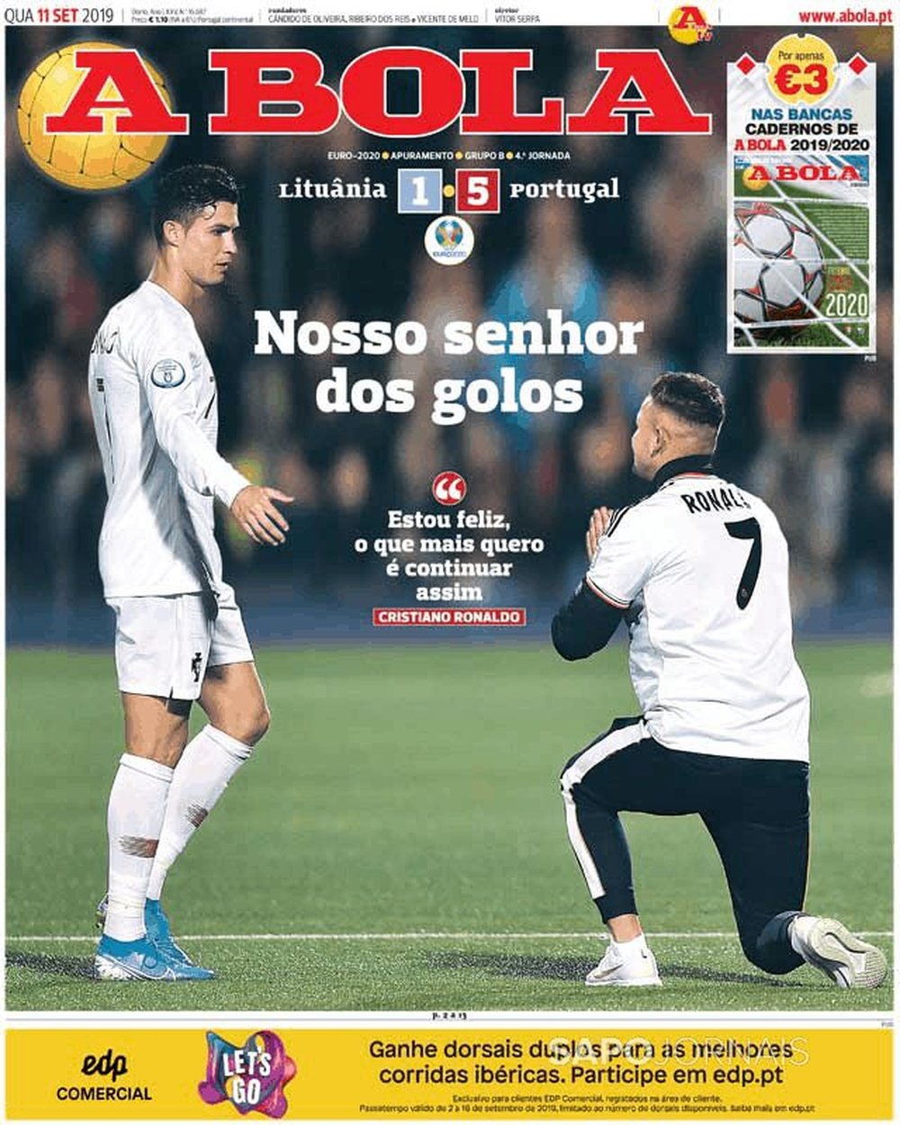 Capa do jornal 'A Bola' de 11/09/19. A Bola