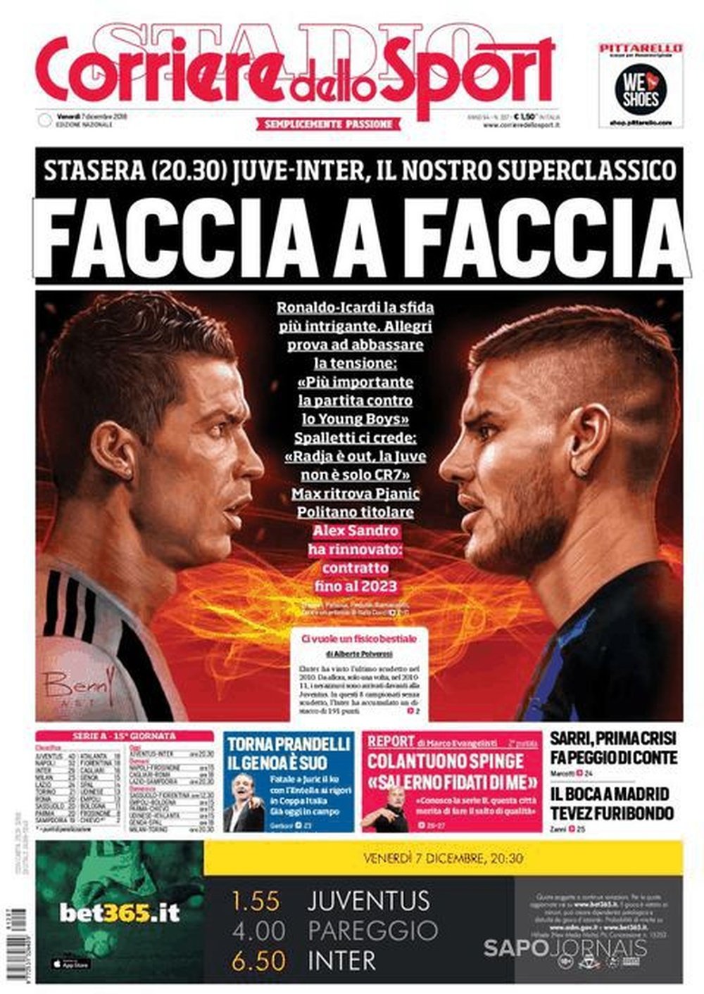 Capa do jornal 'Corriere dello Sport' de 07-12-2018. Corriere dello Sport