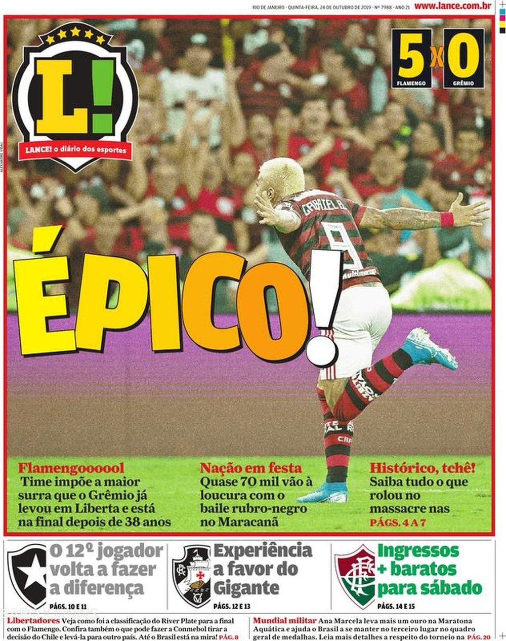 Capa do jornal 'Lance - Rio de Janeiro' de 24/10/19. Lance - Rio de Janeiro