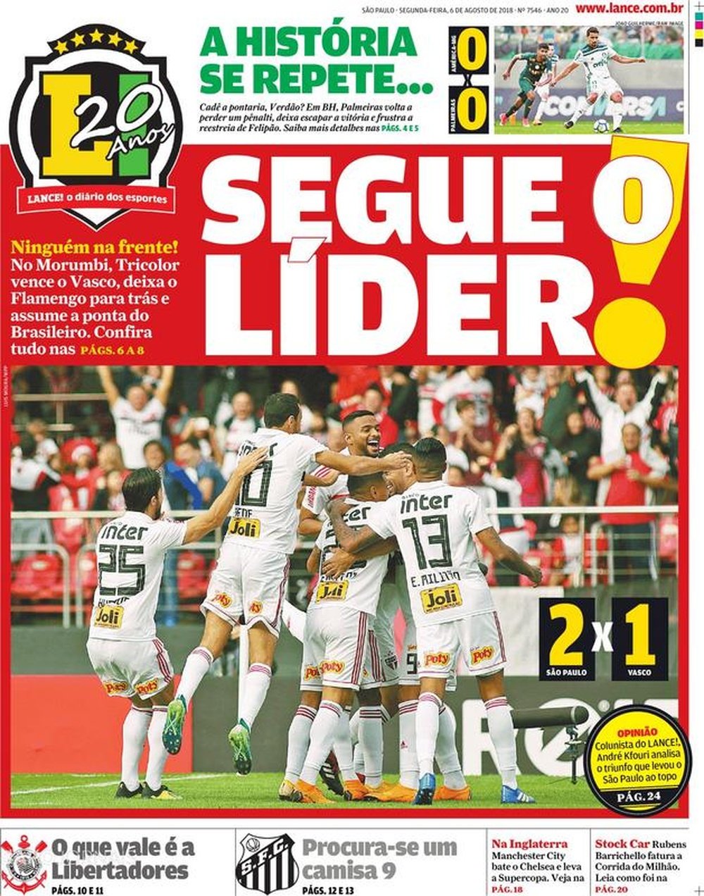 Capa do jornal 'Lance - São Paulo' de 06-08-18. Lance - São Paulo