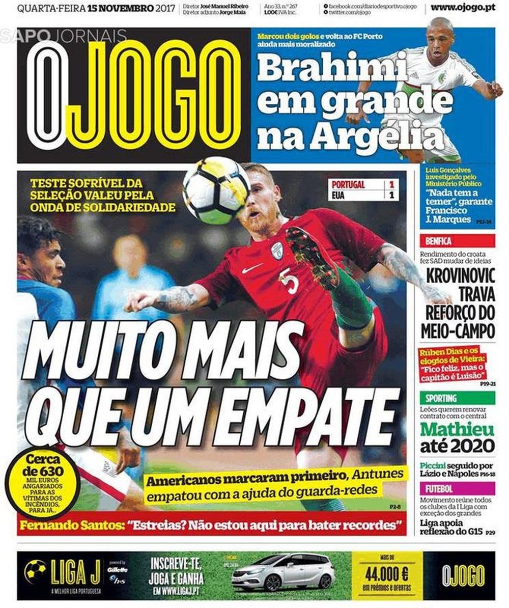 Capa do jornal 'O Jogo', 15/11/2017. O Jogo