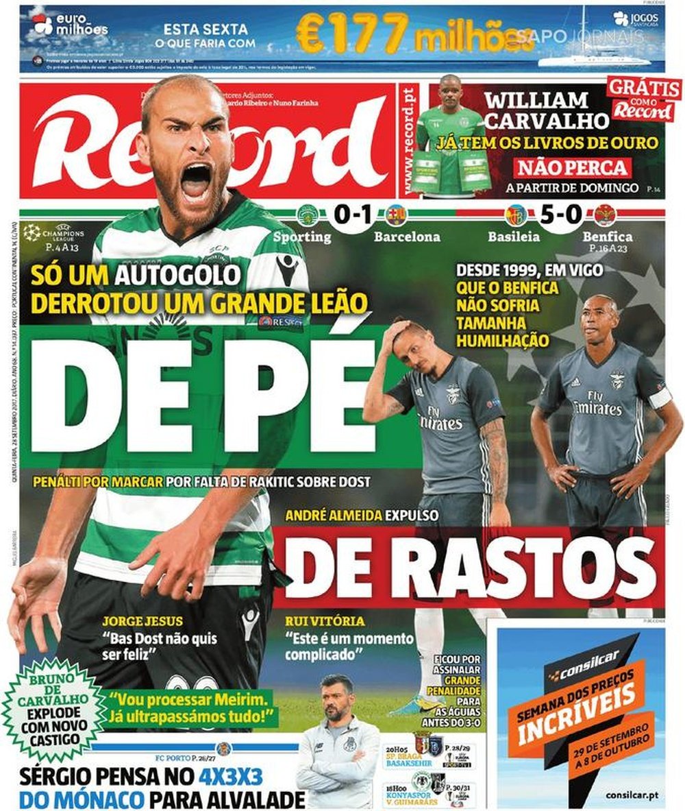 Capa do jornal 'Record', 28-09-2017. Record