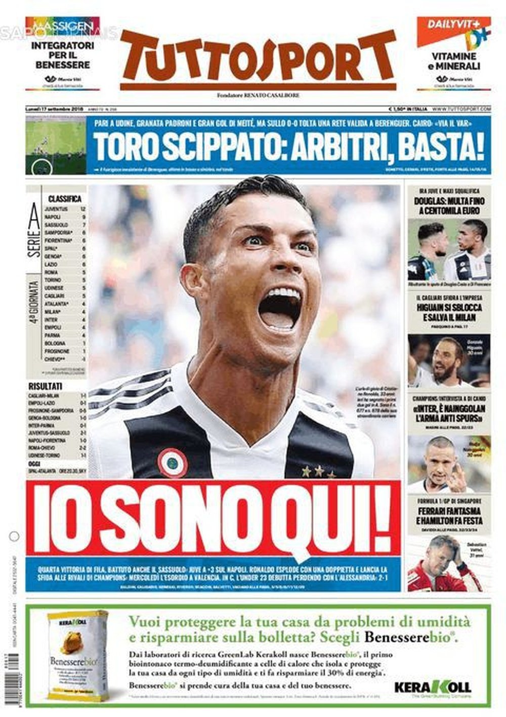 Capa do jornal 'Tuttosport' de 17-09-18. Tuttosport