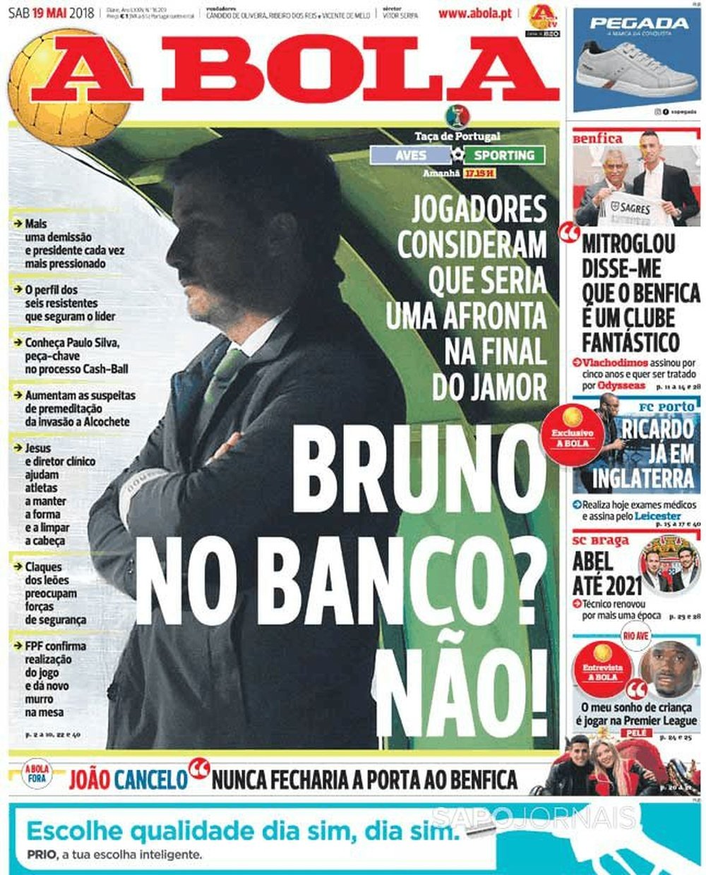Capa do jornal 'A Bola' de 19 de maio de 2018. A Bola