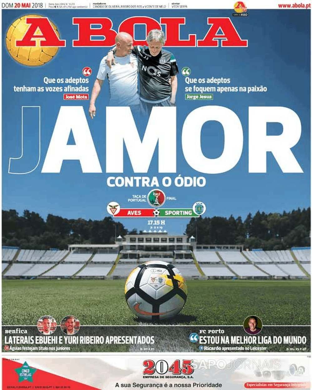 Capa do jornal 'A Bola' de 20 de maio de 2018. A Bola