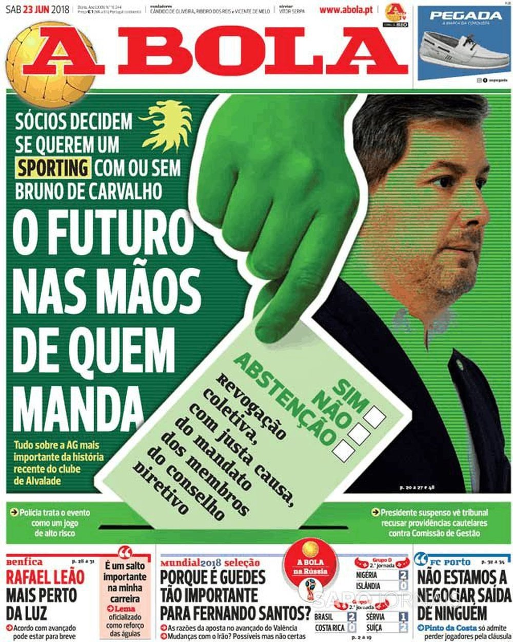 Capa do jornal A Bola de 23 de junho de 2018. ABola