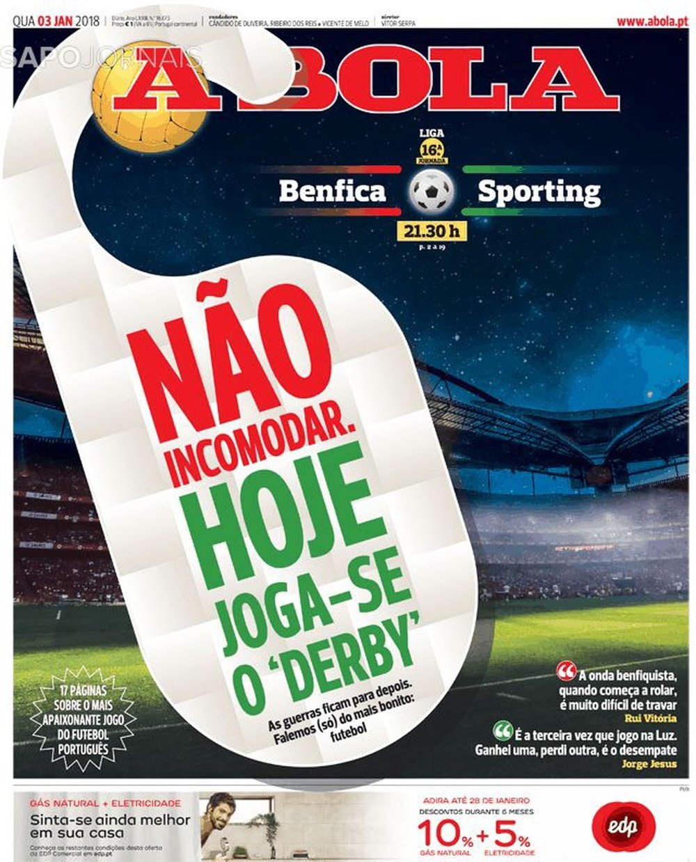 A capa do jornal 'A Bola' de 3 de janeiro de 2018. A Bola