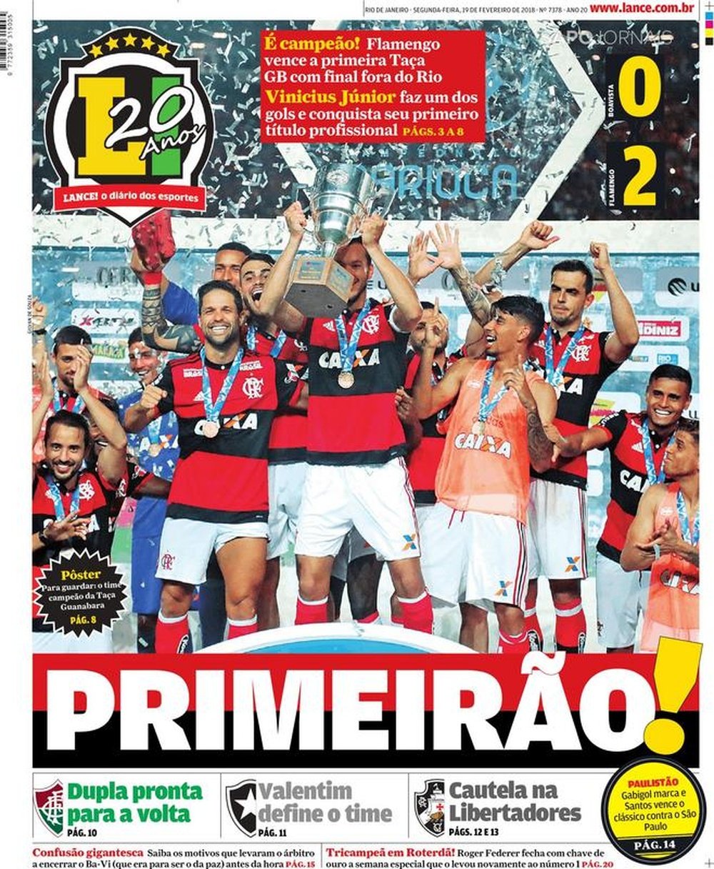 A capa do jornal Lance! - Rio de Janeiro de 19 de fevereiro de 2018. Lance