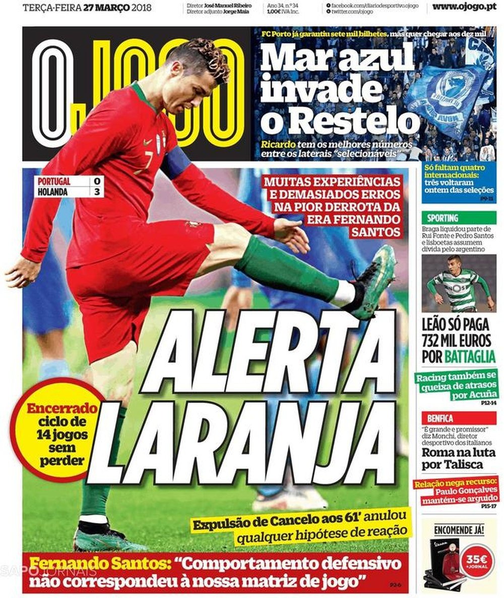 A capa do jornal 'O Jogo', 27/03/2018. O Jogo
