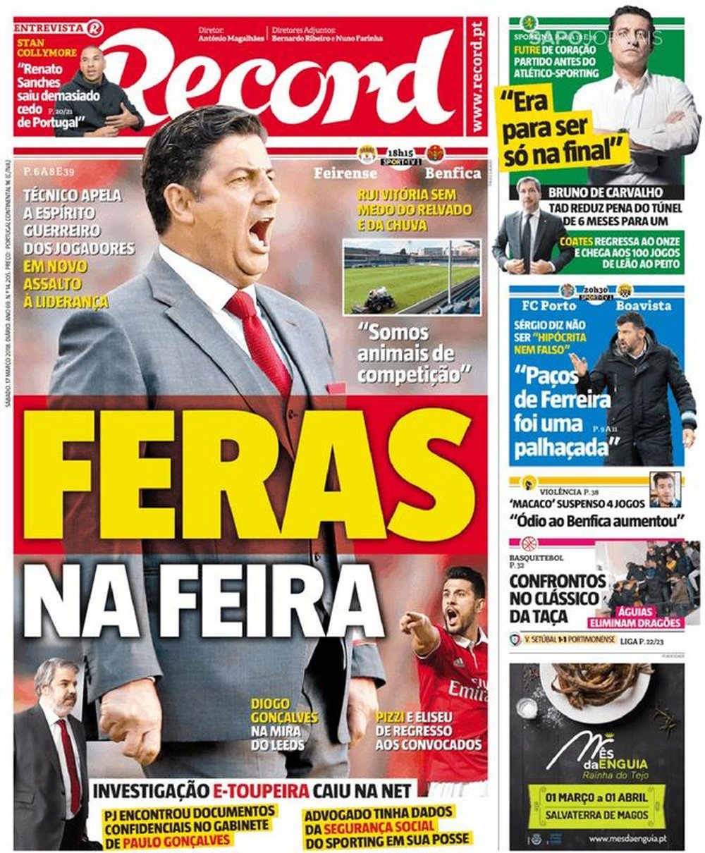 Capa do jornal 'Record', 17/03/2018. Record