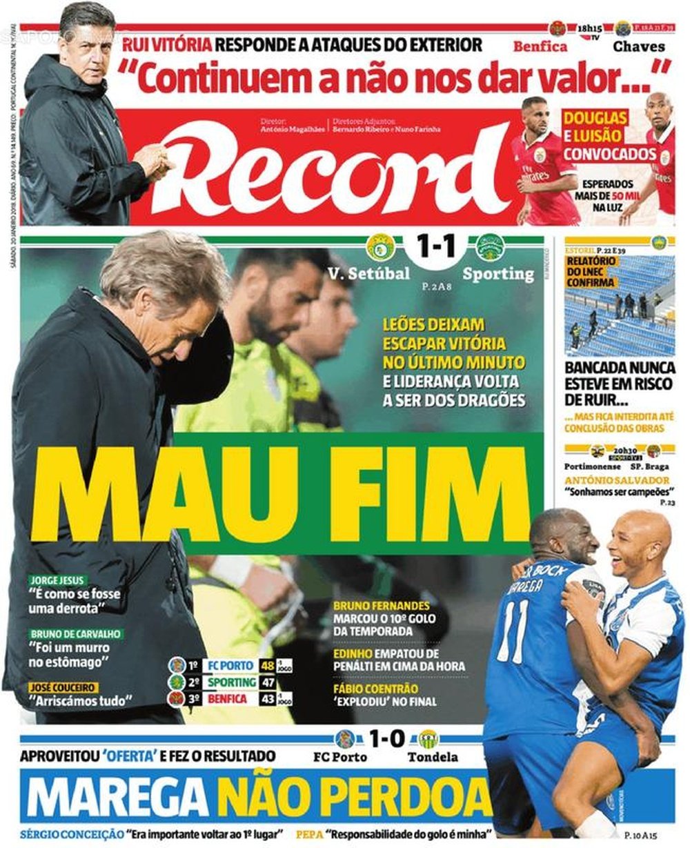 Capa do jornal 'Record', 20/01/2018. Record
