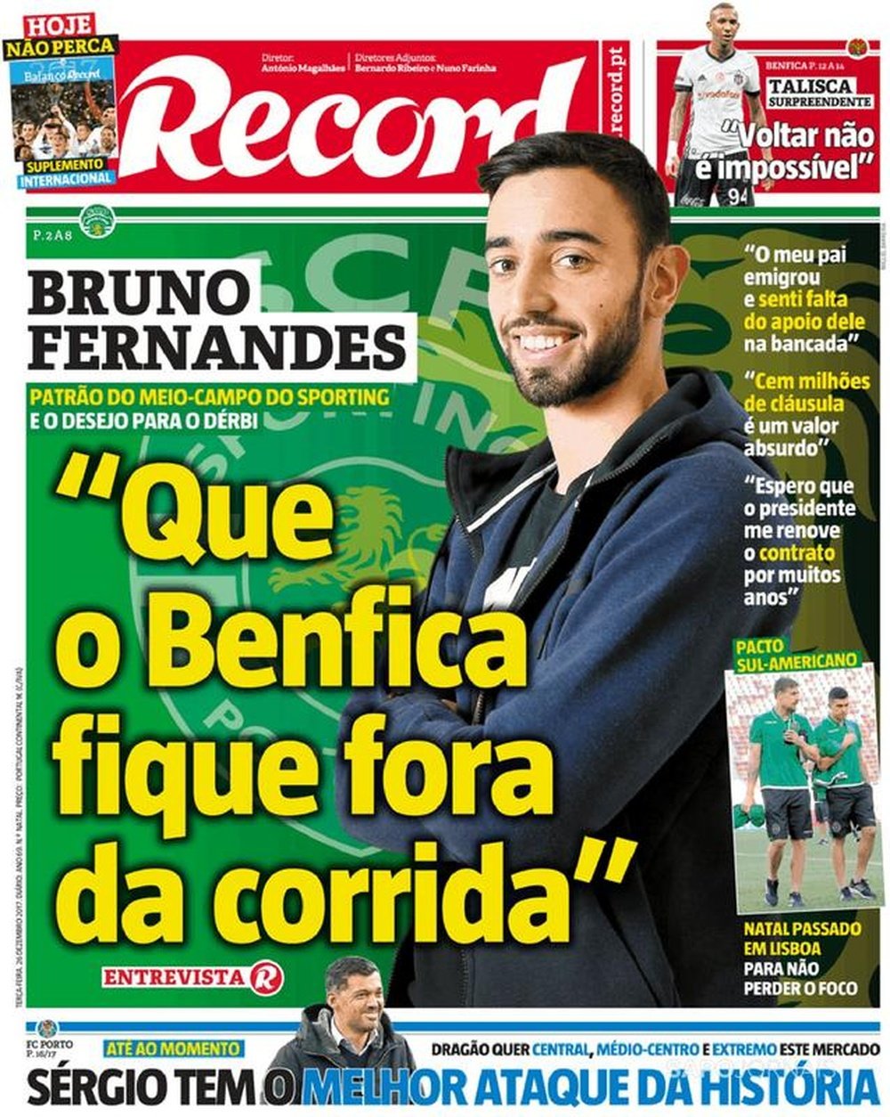 Capa do jornal 'Record', 26/12/2017. Record