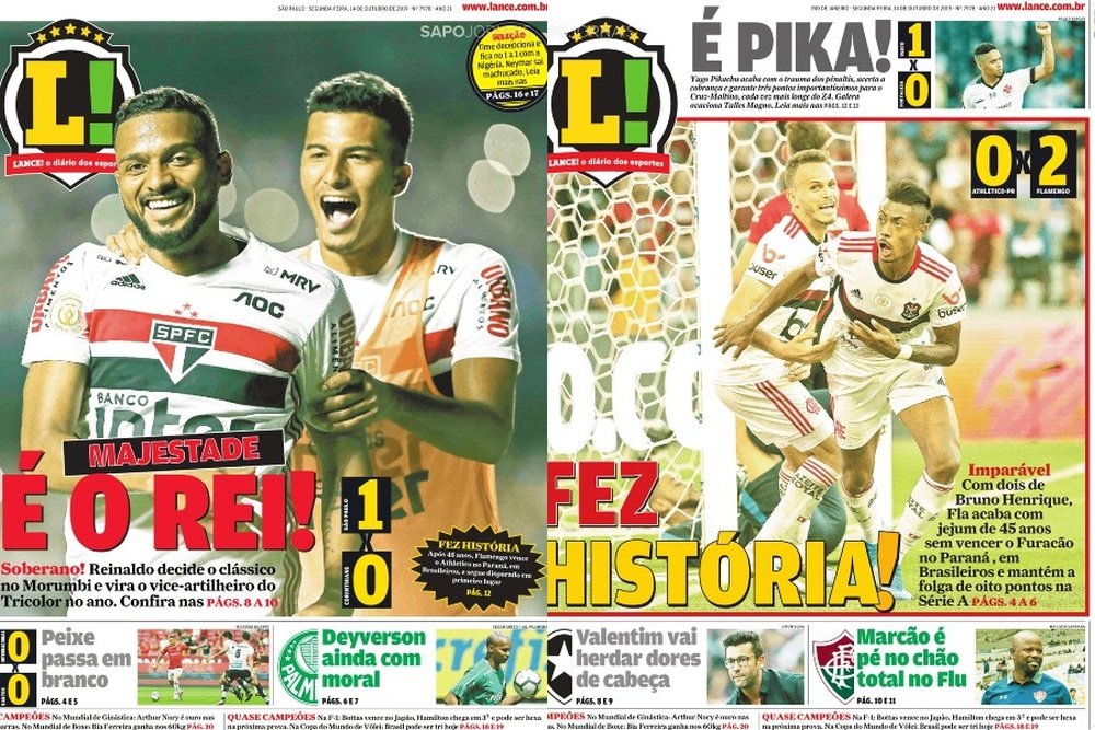 Capas das edições do jornal Lance! de São Paulo e do Rio de Janeiro 14/10/2019. Lance!