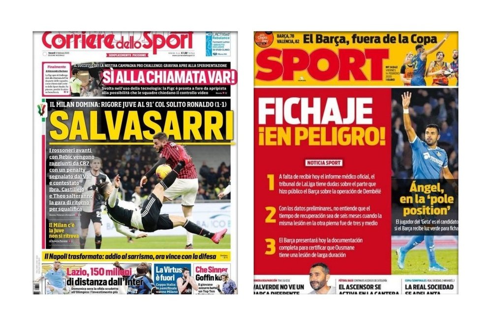 Capas dos portais Corriere dello Sport e Sport do dia 14-02-20. CorriereDelloSport/AS