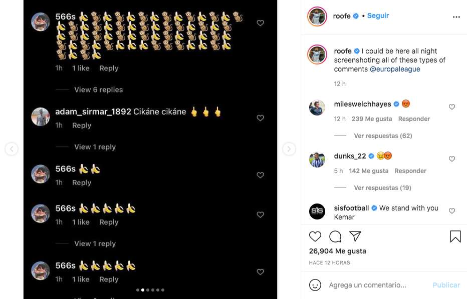 Insultos racistas en el Instagram de Roofe