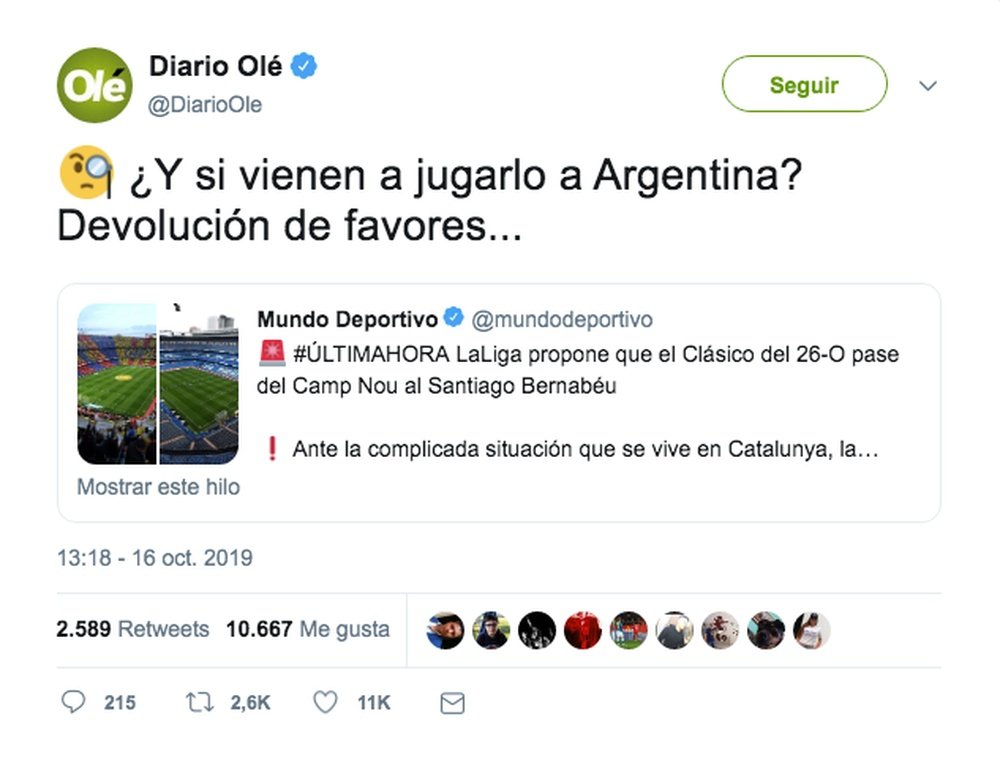 'Olé' demande que le 'Clásico' soit joué en Argentine. Twitter/DiarioOle