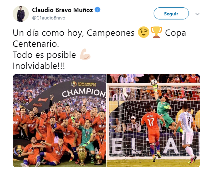 Bravo recordó en las redes la conquista de la Copa América Centenario