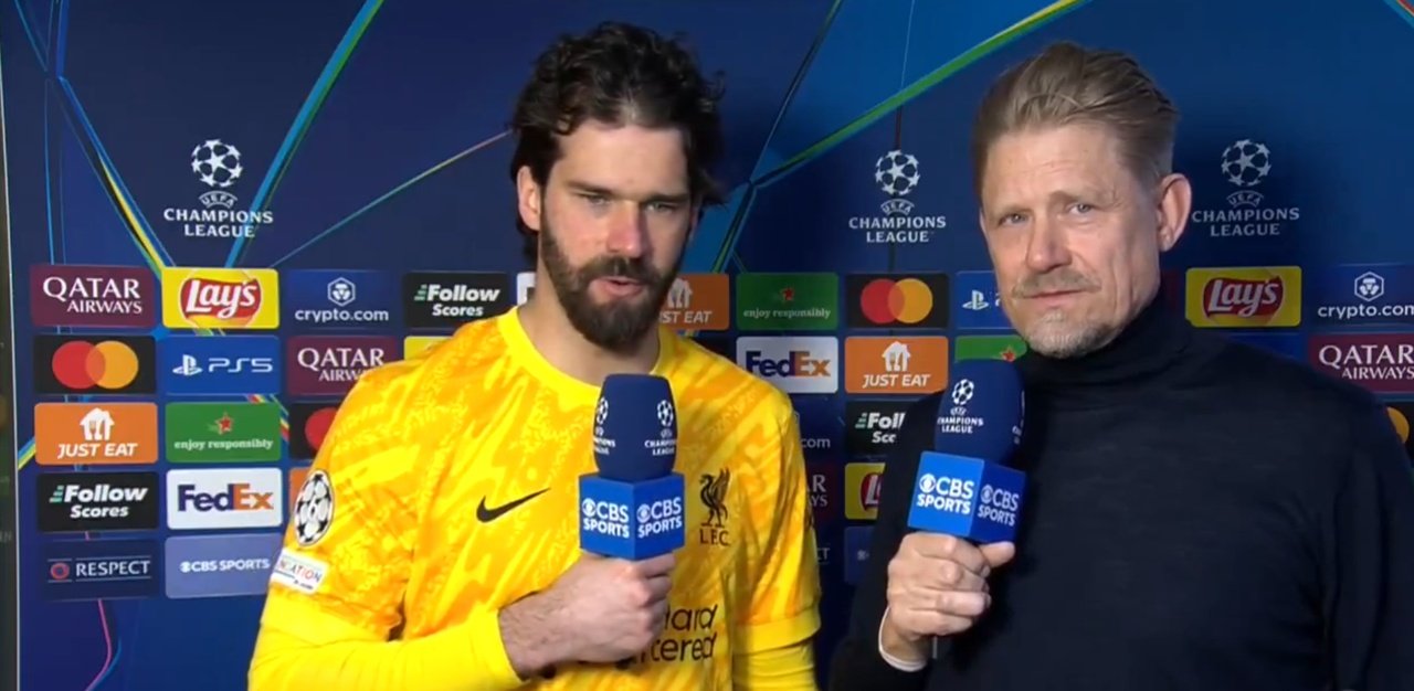 Alisson pulled off eight saves in Liverpool's win at the Parc des Princes. Screenshot/CBS