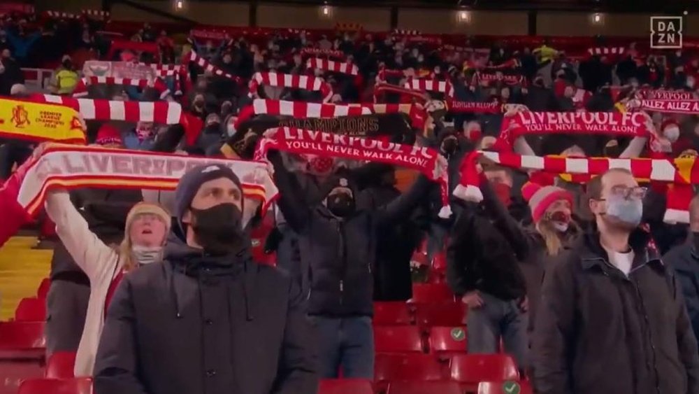 Fans were back at Anfield. Screenshot/DAZN