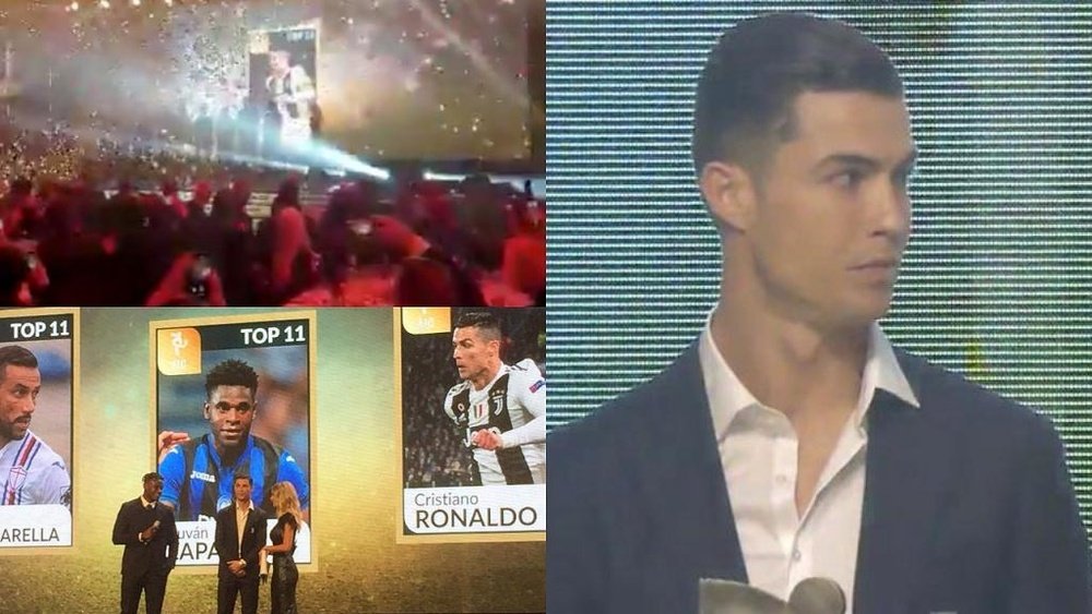 Enquanto Messi comemorava a Bola de Ouro...Cristiano recebia seu prêmio. Twitter/GranGalaAIC