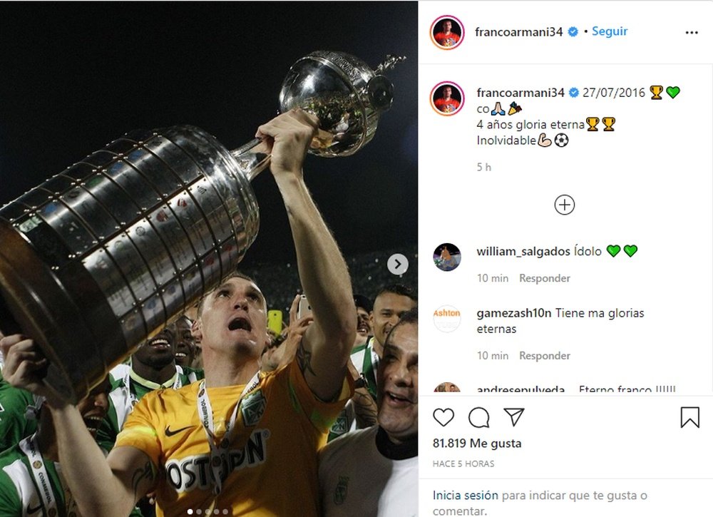 Armani se acordó de Atlético Nacional. Instagram/Francoarmani34