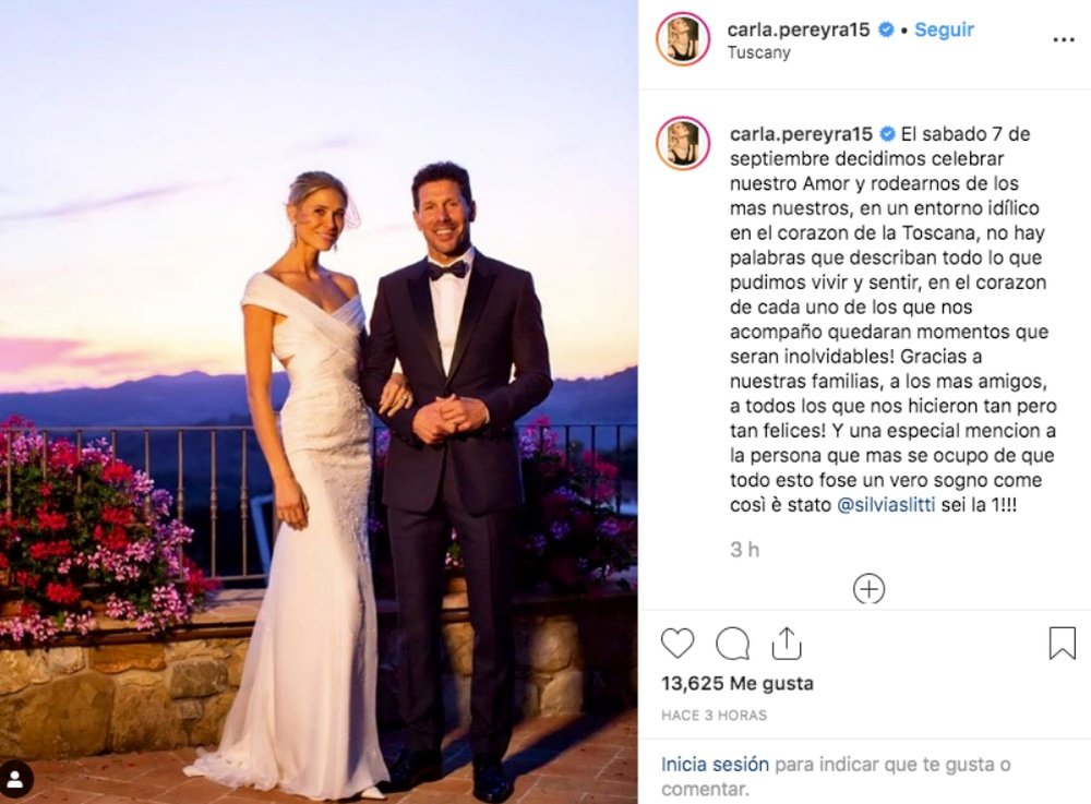 Simeone se casó en la Toscana con Carla Pereyra. Instagram/Carla.Pereyra15