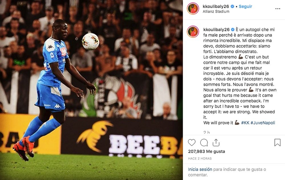 Koulibaly fait ses excuses aux supporters après son contre son camp. Instagram/Kkoulibaly26