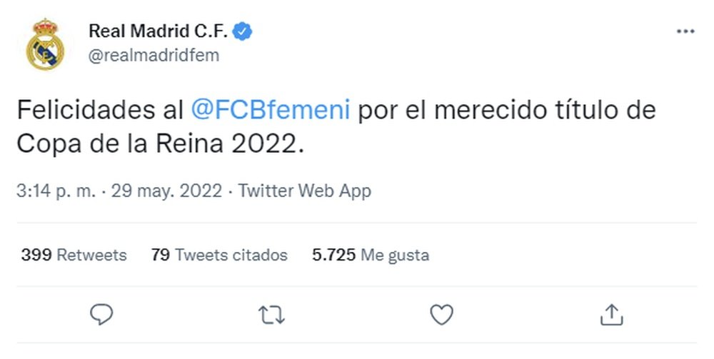 El Madrid felicitó al Barcelona Femenino. Twitter/realmadridfem