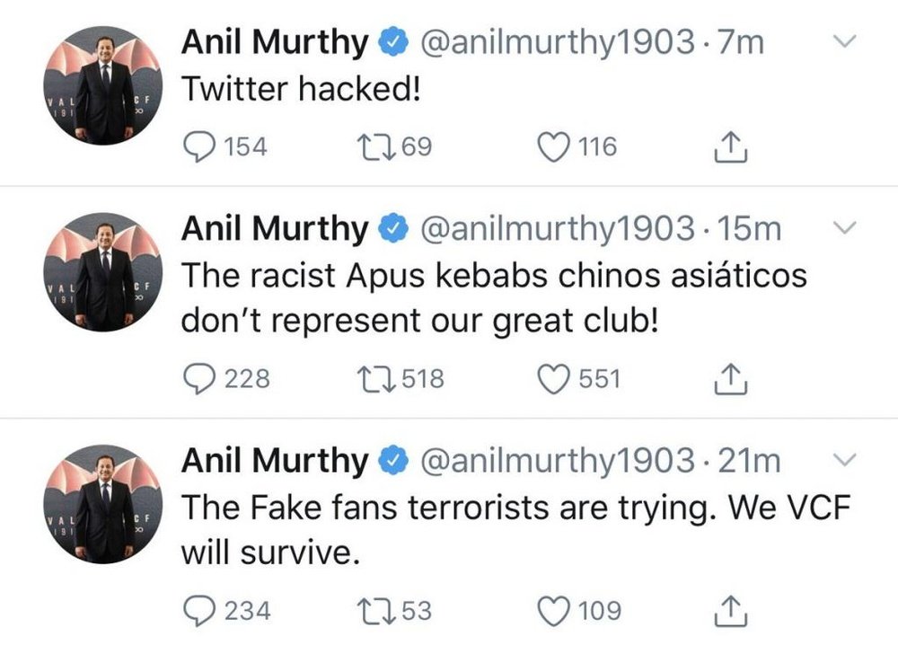 Le président de Valence dénonce un hack de son Twitter. AnilMurthy