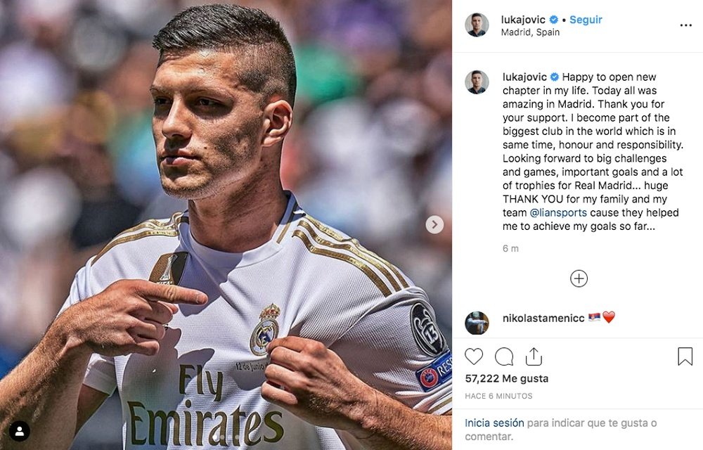 Luka Jovic, feliz tras fichar por el Real Madrid. Instagram/LukaJovic