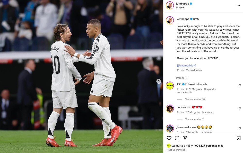 Le message de Mbappé pour Modric. Instagram/k.mbappe