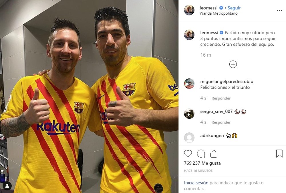 A foto de Messi e Suárez após derrotarem o Atlético. Instagram/LeoMessi