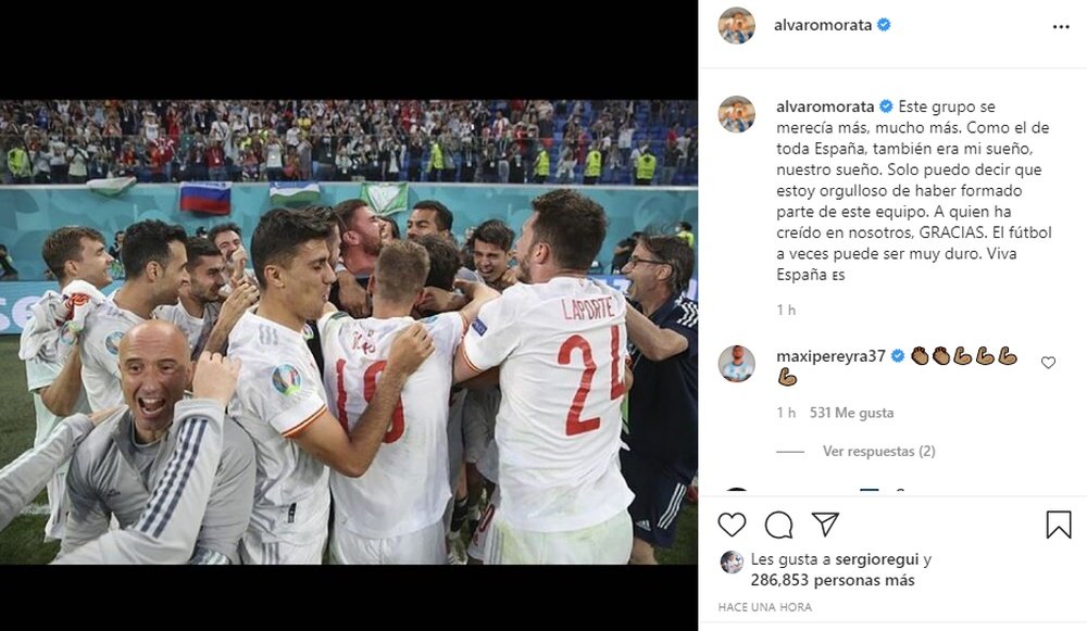 El mensaje de Morata tras la eliminación. Instagram/Alvaromorata