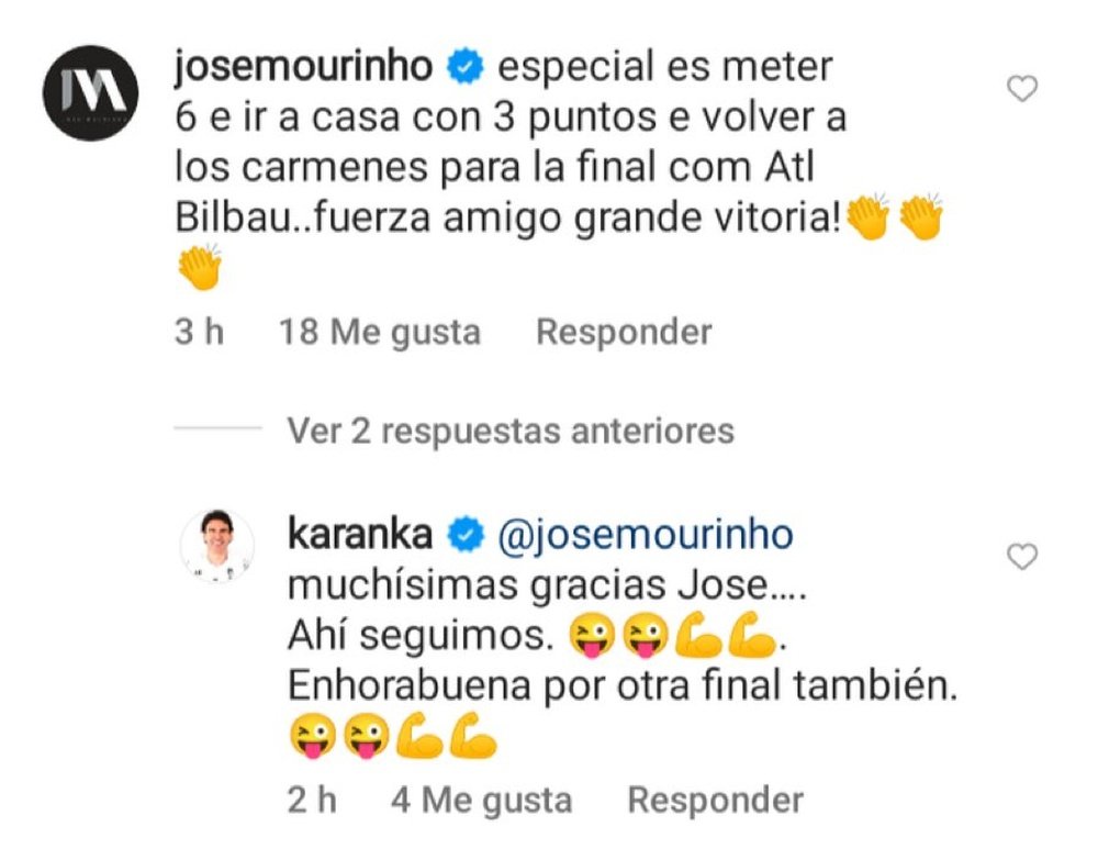 Mourinho felicitó a Karanka tras el 2-6. Instagram/josemourinho
