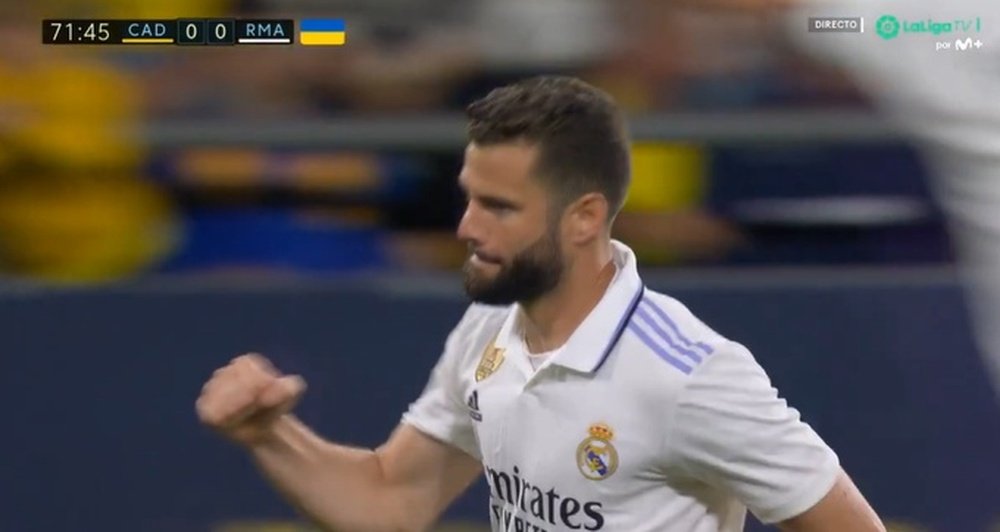 Liberación en el Madrid: Nacho anotó el 0-1 con una volea desde 30 metros. Captura/LaLiga