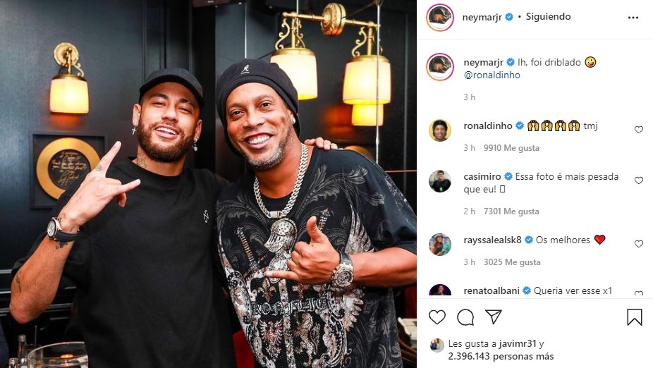 Pesadão: Neymar e Ronaldinho se encontram em Paris. Instagram/neymarjr