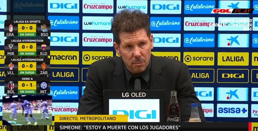 Simeone spoke about his feelings after his side's 0-2 defeat on Saturday. Screenshot/GOLPlay