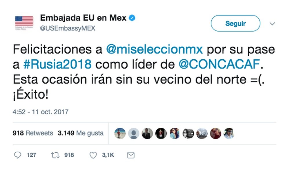 La embajada de Estados Unidos en México felicitó a los de Osorio. Twitter