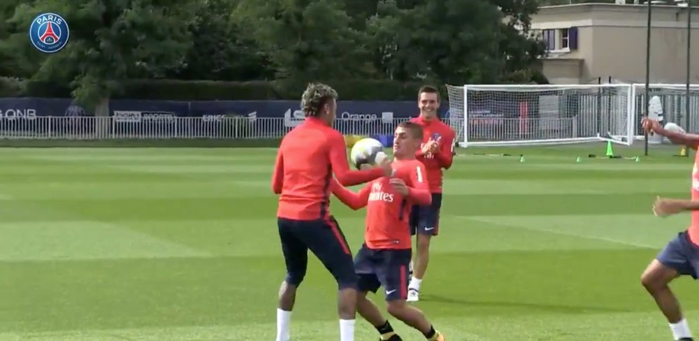 Neymar et Verratti lors d'une séance d'entraînement. PSG