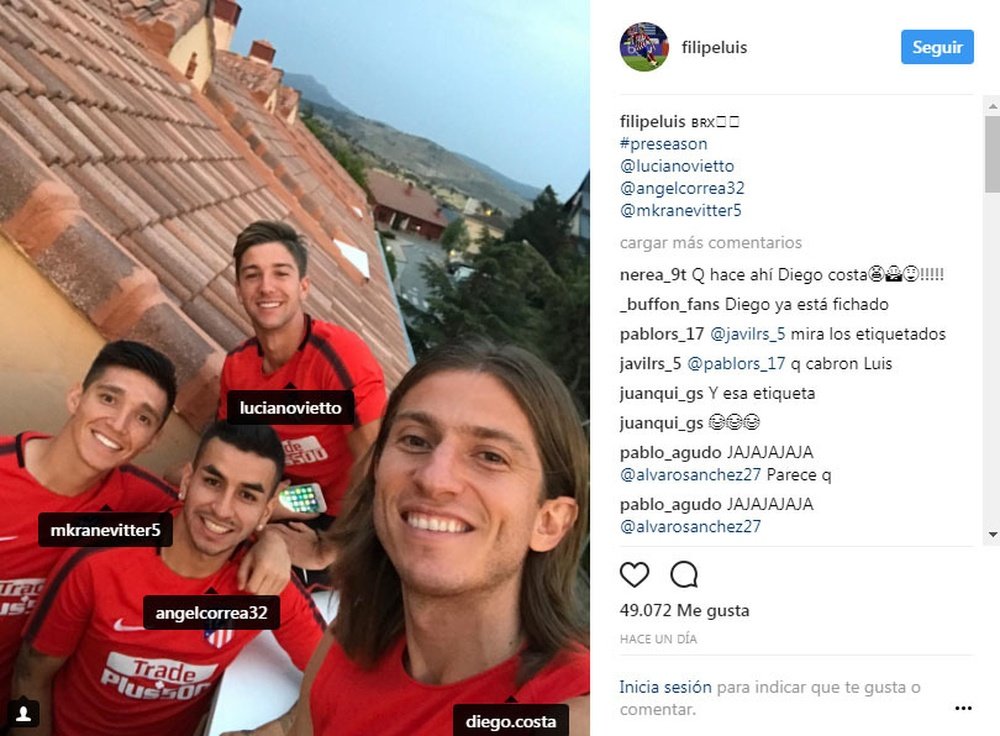 Filipe Luis não se esquece de Diego Costa nas suas publicações. FilipeLuis/Instagram