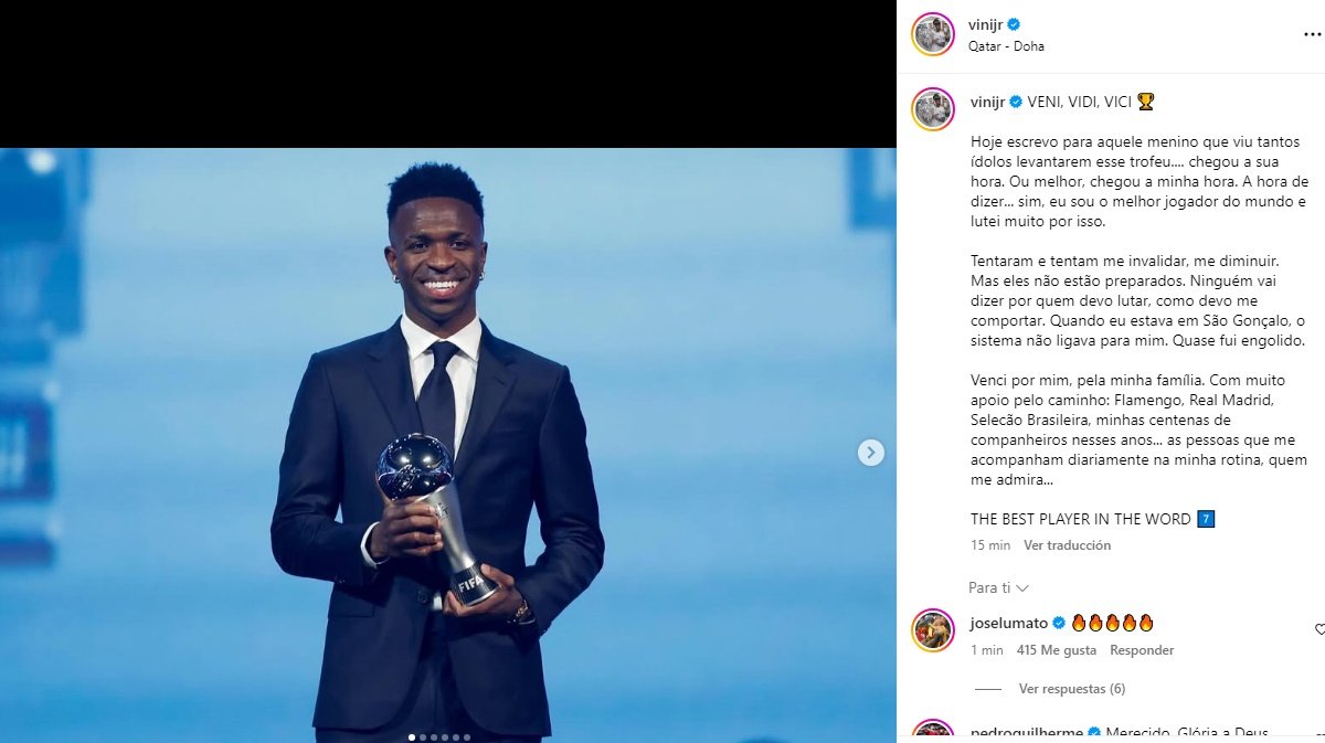 Vini ganó el The Best 2024 a mejor jugador. Instagram/vinijr