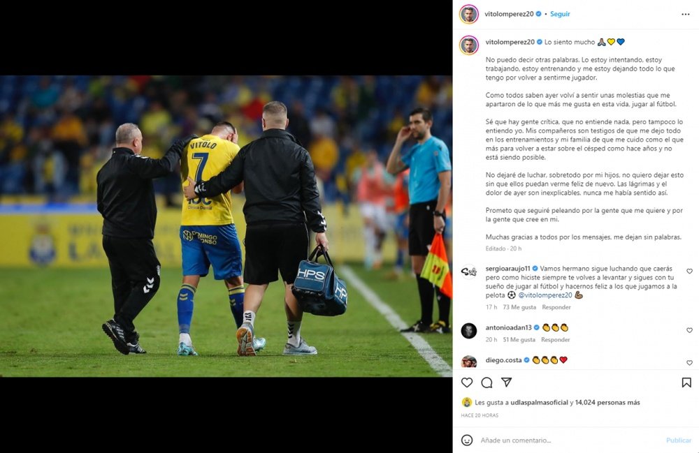 Vitolo abandonó el campo por lesión. Instagram/vitolomperez20