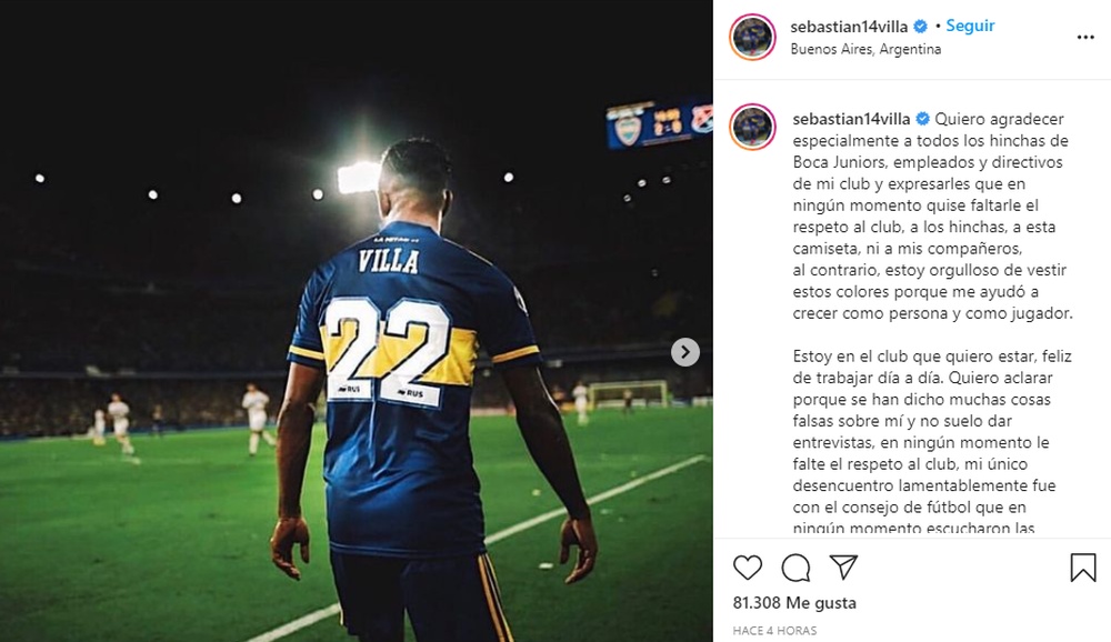 Villa replicó a Riquelme. Instagram/sebastian14villa