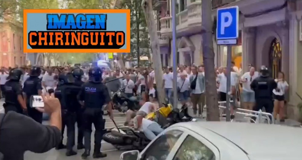 Incidentes entre torcedores do Antwerp e a polícia em Montjuïc. Captura/elchiringuitotv