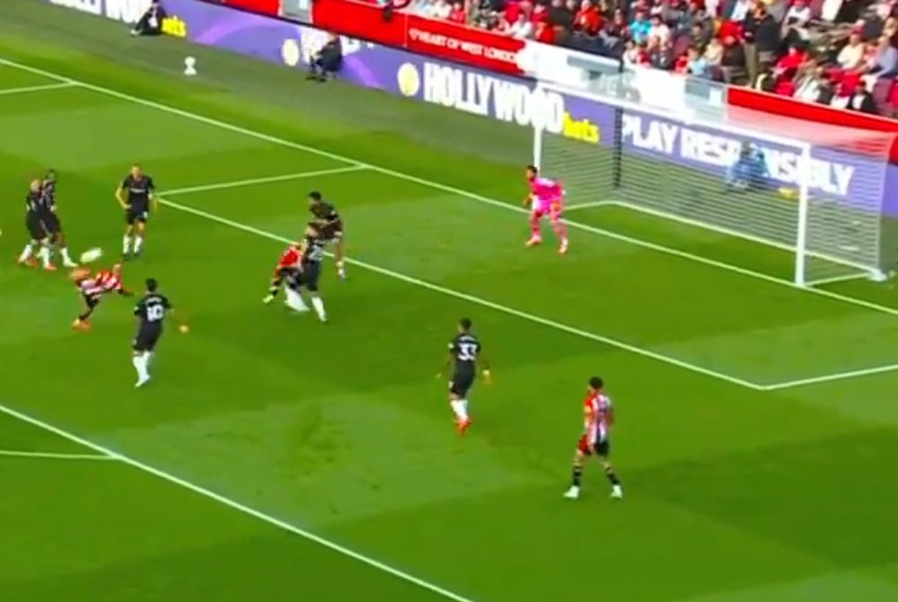 Mbeumo opened the scoring in the first minute against West Ham. Screenshot/viaplay