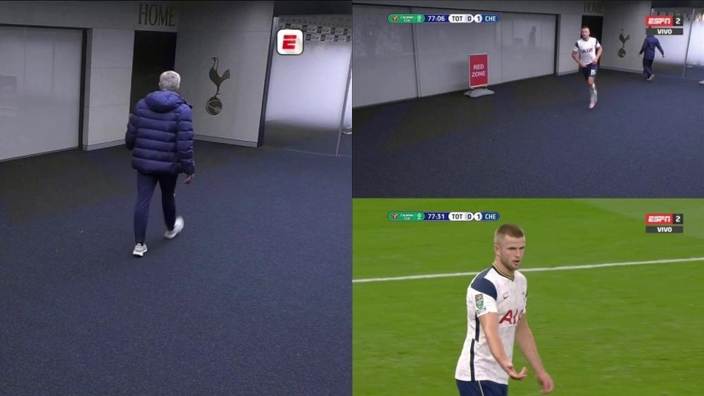 Dier estaba indispuesto y Mourinho fue al baño a por él. Captura/ESPN